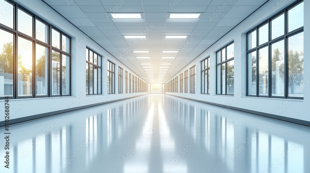 Fototapeta premium Shiny hall with windows, leading towards bright exit