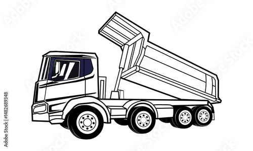 Dump Truck Unloading Side View Vector Illustration Isolated. Tipper truck black outline drawing