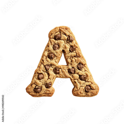 Cookie letter A made of chocolate chip cookie dough with crispy edges and a golden brown color