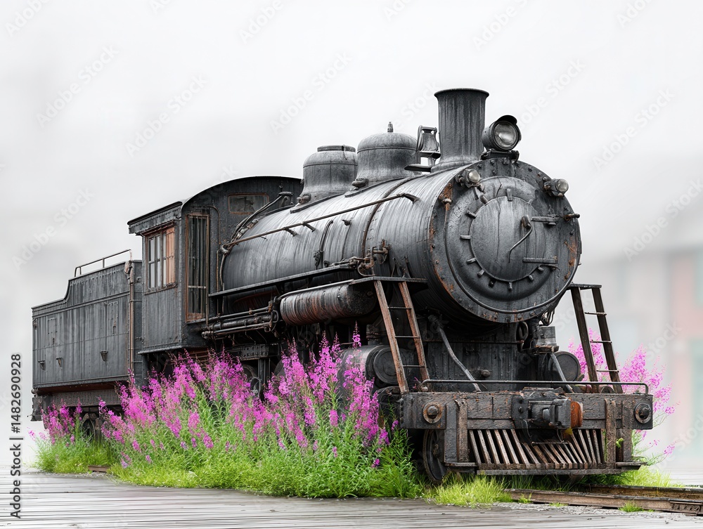 Naklejka premium Vintage steam locomotive, surrounded by pink wildflowers, in a misty setting
