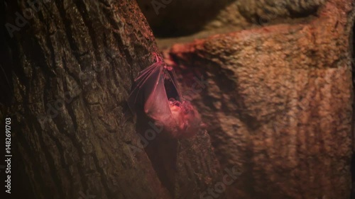 A bat in a cave hangs upside down and eats food. The bat hunted prey.