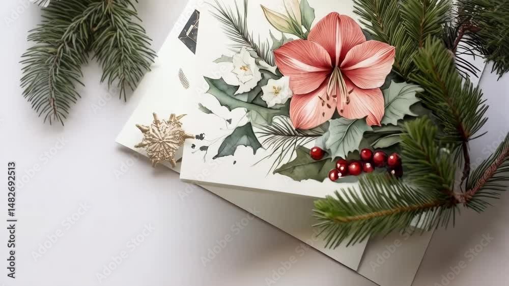 Festive card with a salmon colored amaryllis flower, red berries, and green pine needles on a white surface