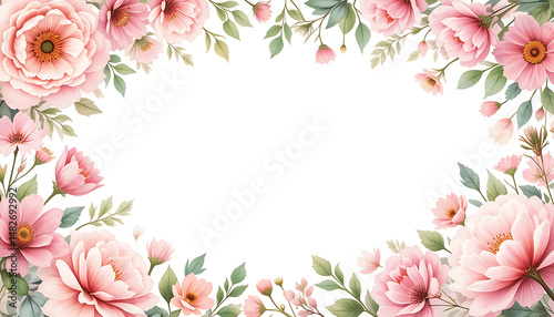 Elegant watercolor floral border with soft pink flowers and green leaves on white background, perfect for invitations or greeting cards.
