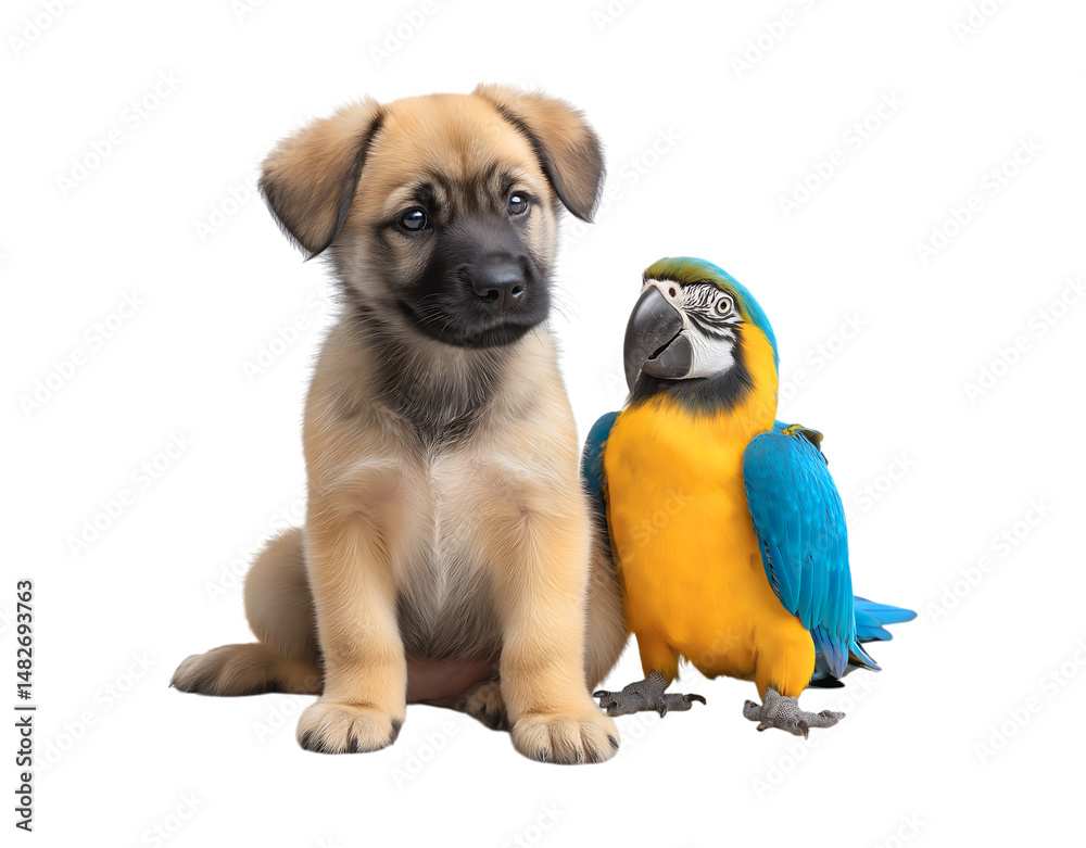 Obraz premium A puppy gazing at a parrot, sitting together on a transparent background.