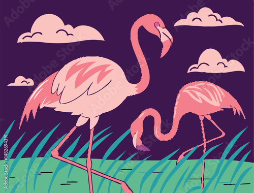 Colorful vector illustration of two elegant pink flamingos in a tropical wetlands scene