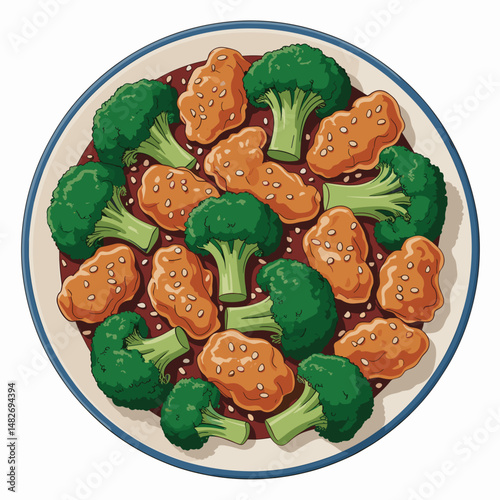 General Tso's Chicken with Broccoli and Sesame Garnish