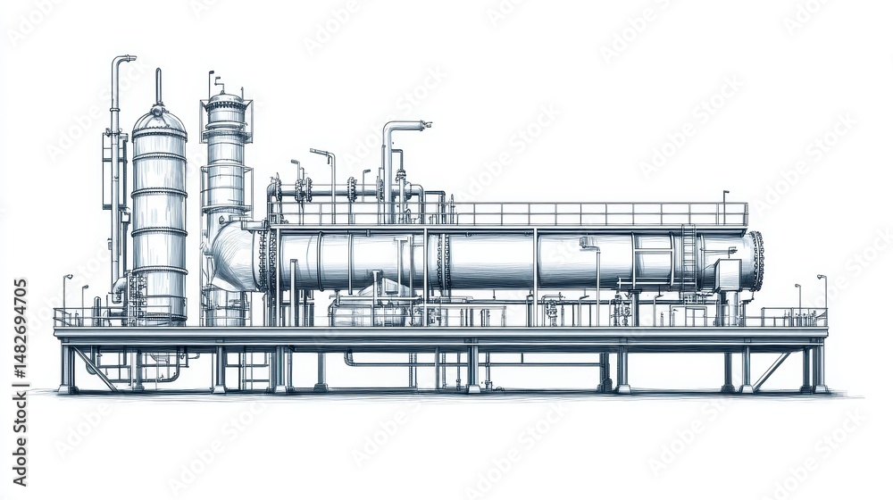 A pipeline system clipart, oil transport element, technical drawing style, silver tones, isolated on white background. 