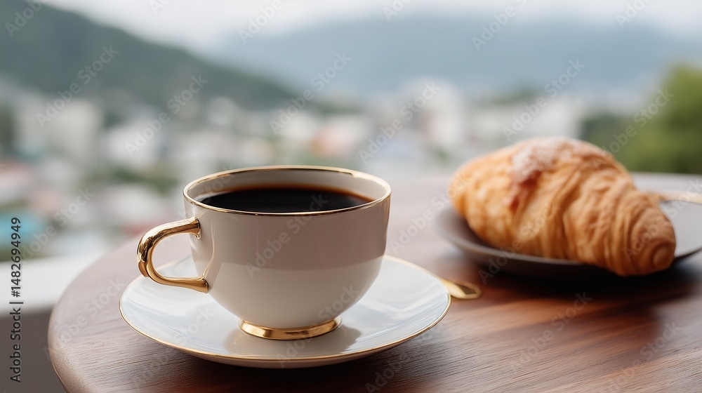 Croissant and coffee on a wooden table with a scenic view of the city during a sunny morning