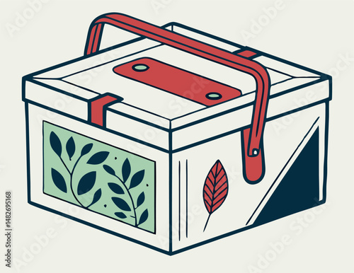 Hand-drawn picnic basket illustration with botanical details and vibrant red accents.