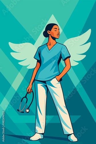 Vector illustration of a nurse with symbolic wings, ideal for tribute, and visibility campaigns for healthcare personnel. Heroic nurse with wings in honor of International Nursing Day