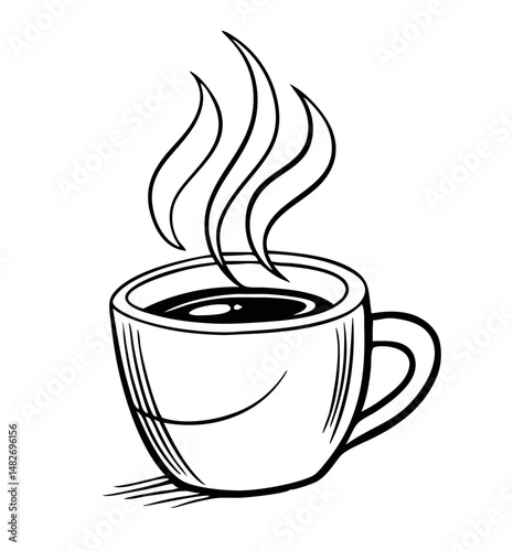 Vector illustration of a steaming hot coffee cup with a simple modern black and white design