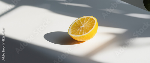 Close-up of a lemon cut in half on a white table, with hard shadows and soft light, suitable for commercial photography
