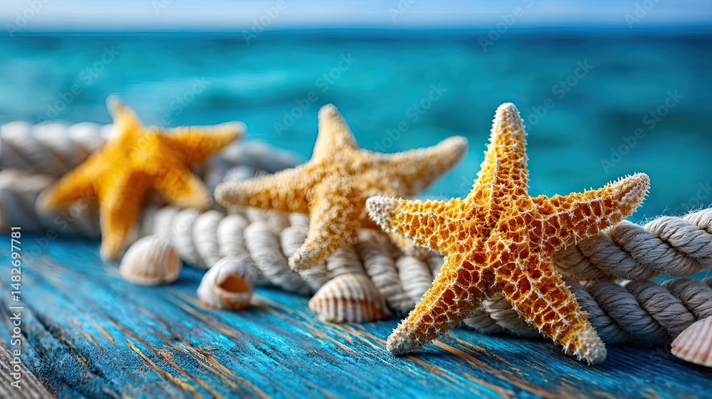 Beach scene on blue wooden with rope and summer seashell concept. Beautiful starfish arranged on a rope by the ocean's edge. Beach scene on blue wooden with rope and summer seashell concept. Beautiful starfish arranged on a rope by the ocean's edge.