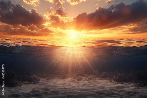 Ocean view sun's golden rays bursting through clouds, shining above & below the water's surface