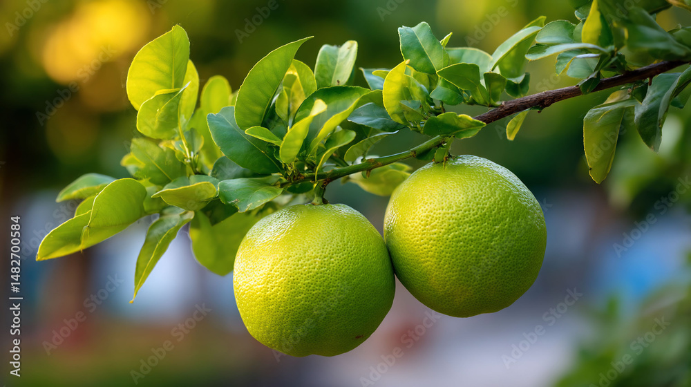 Green citrus fruits hanging on branch Green citrus fruits hanging on branch