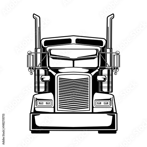 Semi Truck with Headlights Front View Silhouette Vector Illustration. Drawing Classic Semi Trailer Truck Monochrome Isolated on transparent background