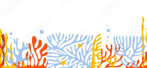 Tropical underwater landscape with colorful seaweed, coral reefs, and marine plants seamless border ideal for childish books, marine designs, packaging. Vector flat hand drawn illustration