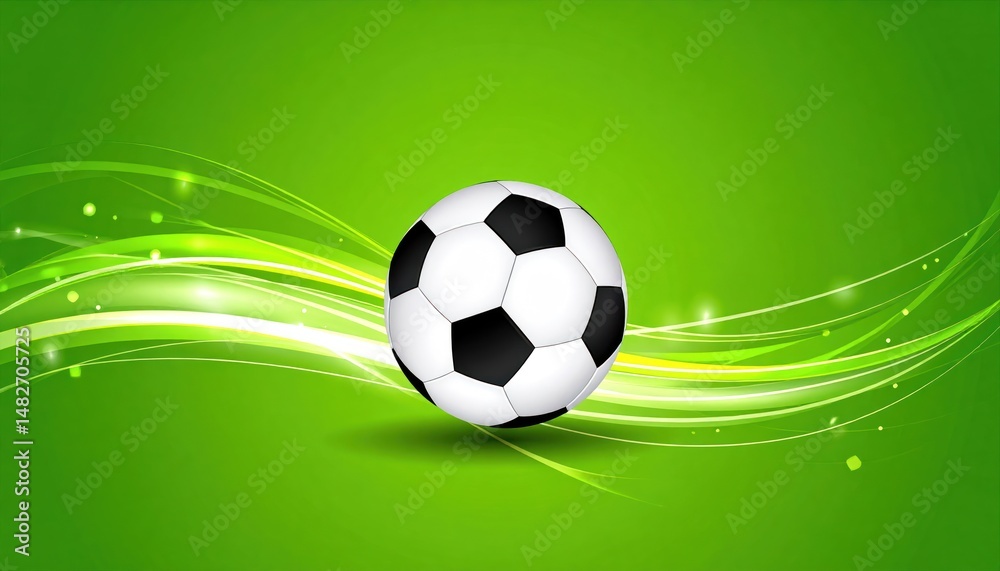 Fototapeta premium A soccer ball illustration against a vibrant green background with glowing streaks