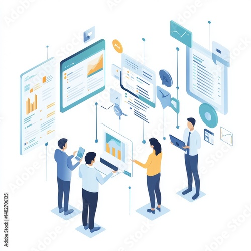 Collaborative business team analyzing data on multiple screens isometric illustration of modern workplace strategy and digital transformation.