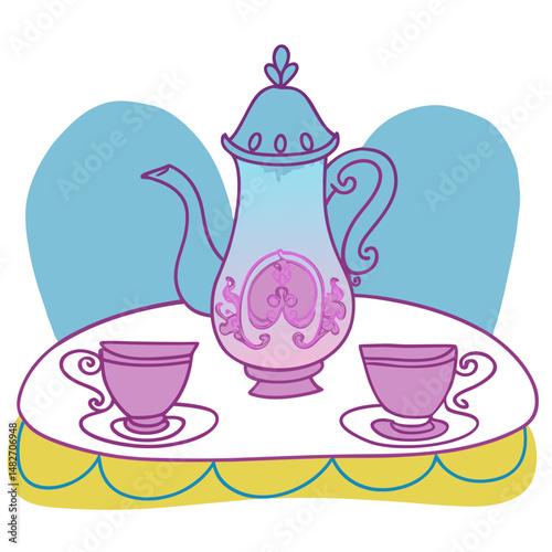 Teapot and cups on decorated table against colorful background  