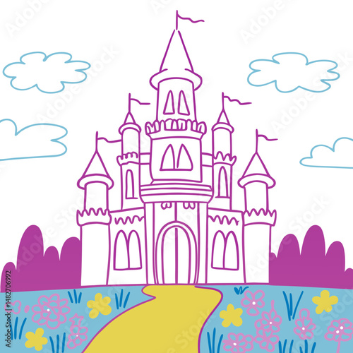 Children's drawing of a colorful fairy tale castle with clouds  