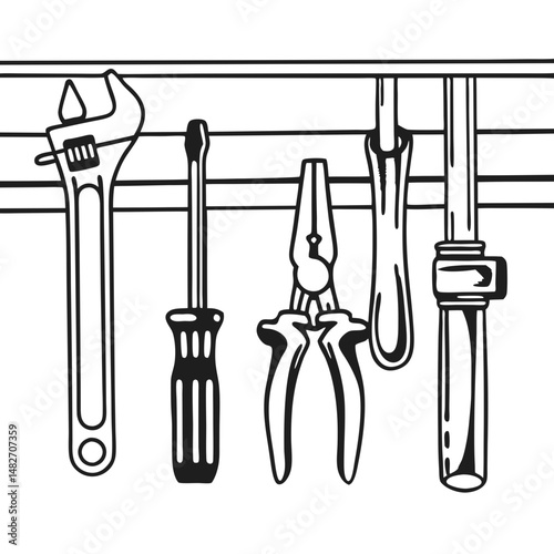 Plumbing tools arranged on a wall-mounted tool rack in black and white  