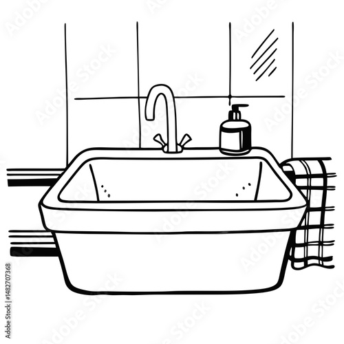 Modern bathroom sink with faucet and soap dispenser on counter  