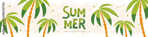 Tropical bright summer banner with palm trees.Tourism concept, travel and adventure, vacation. Vector illustration for poster, cover, sales