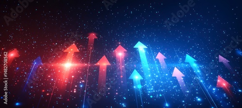 Abstract digital background with arrows going up and glowing particles