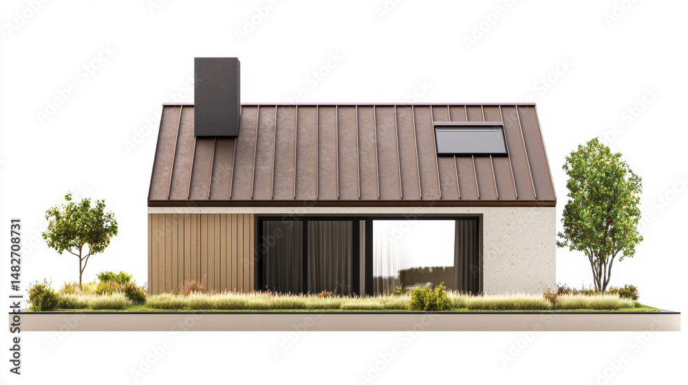 A modern, miniature house with an attic featuring a central window. Isolated on pure white. A modern, miniature house with an attic featuring a central window. Isolated on pure white.