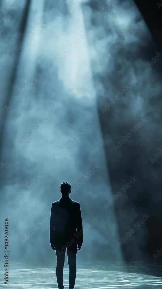 Dramatic spotlight on silhouetted figure emerging in misty atmosphere Dramatic spotlight on silhouetted figure emerging in misty atmosphere