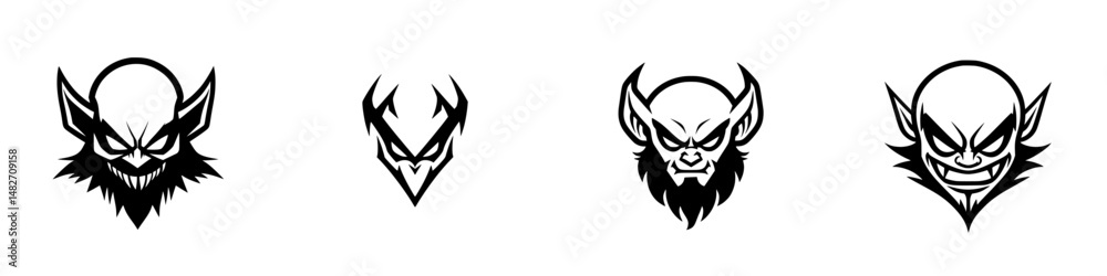 Obraz premium Vector illustration icons of various fierce and stylized monster heads in black and white design suitable for digital art and branding