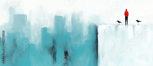 Man on cliff with crows looks over a hazy blue city, painted with a loose brush