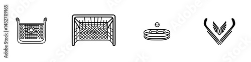 Vector illustration icons represent sports equipment including goals, baskets, and pucks for various athletic activities