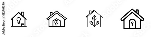 Vector illustration of four unique house icons representing functionality, security, and nature
