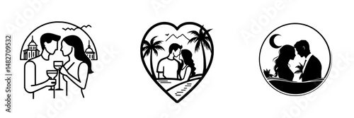 Vector illustration icons depicting romantic couples in various settings, celebrating love during day and night moments