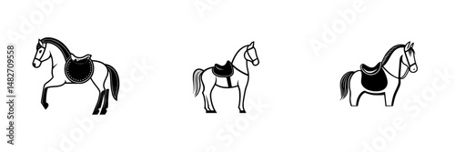 Vector illustration icons of three different horses with saddles in a minimalist style