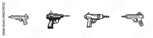 Vector illustration of various toy guns designed for playful activities and creative imagination in children's playtime