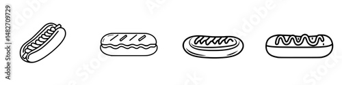 Hot dog vector illustration icons representing different styles and variations of this popular fast food item