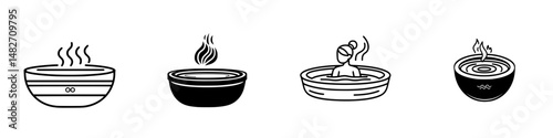 Vector illustration of relaxing spa treatments featuring steaming water bowls and a serene figure enjoying a soak