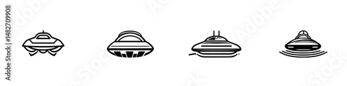 Vector illustration of different UFO designs representing alien spacecraft from various perspectives