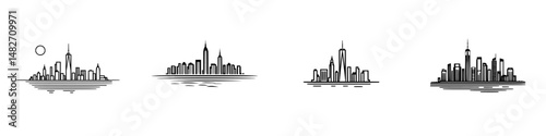 Stylized vector icons showcasing a city skyline at various times of day with different architectural designs in black and white
