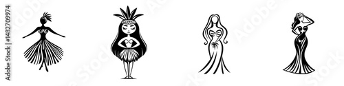 Vector illustration featuring diverse silhouettes of women in elegant poses showcasing different styles of dresses and cultural attire