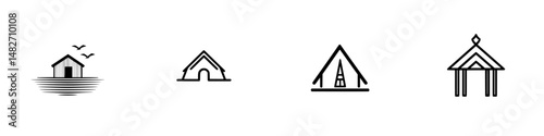 Vector illustration icons of various types of structures including houses, tents, and pavilions set against a minimalist background