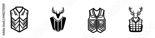 Vector illustration showcasing various hunting vest designs and deer motifs for outdoor enthusiasts and wildlife lovers