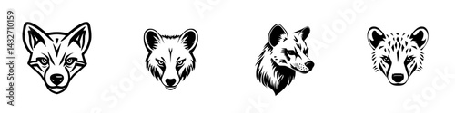 Vector illustration of animal heads featuring a fox, bear, wolf, and hyena in a minimalist black and white design