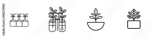 Illustration of various plant pots with growing seedlings in a minimalist style showing the beauty of indoor gardening