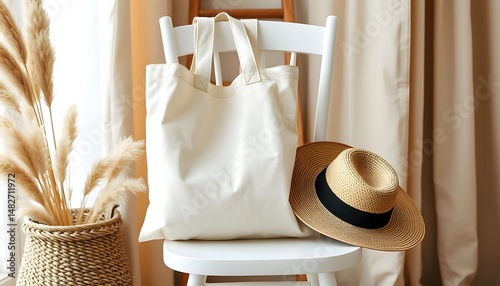 Summer Essentials on White Chair - Straw Hat and Tote Bag Still Life - tote bag mockup