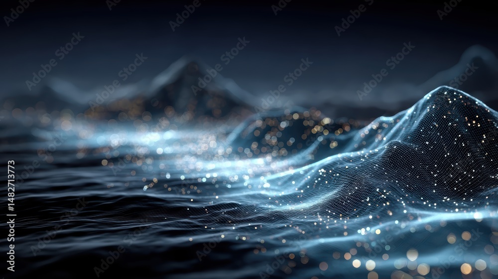 Fototapeta premium A 3D hologram of AI data flowing across a digital landscape, symbolizing the evolution of technology.