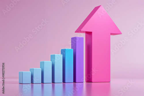 3D render of a colorful bar graph with ascending columns and a large pink upward arrow on a pink reflective studio background, symbolizing growth. Free Download 3D render of a colorful bar graph with ascending columns and a large pink upward arrow on a pink reflective studio background, symbolizing growth. - GFXLoad